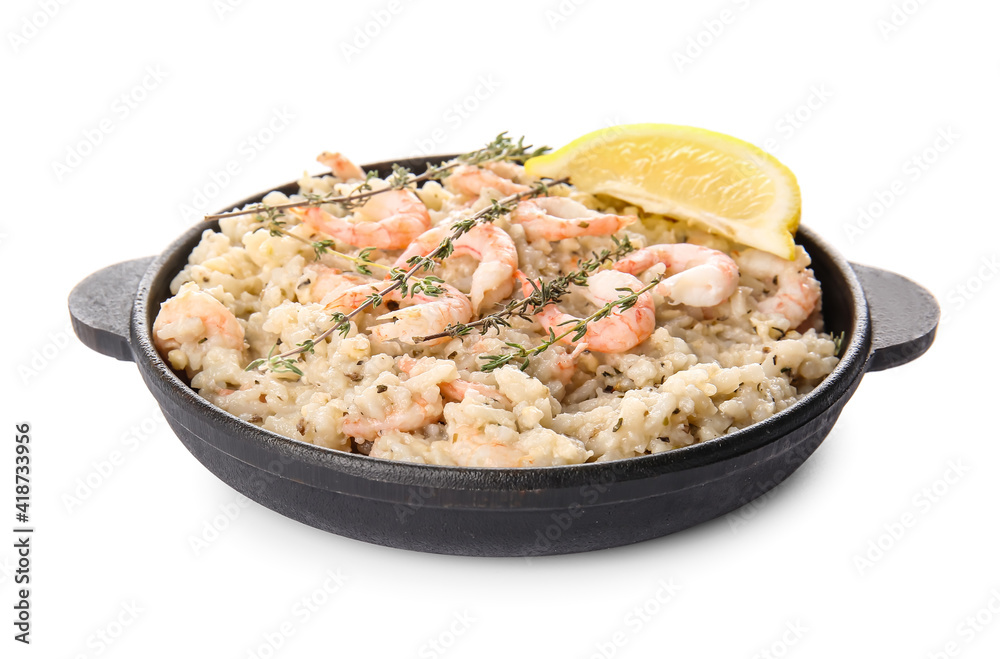 Frying pan with tasty risotto on white background Frying pan with tasty risotto on white background