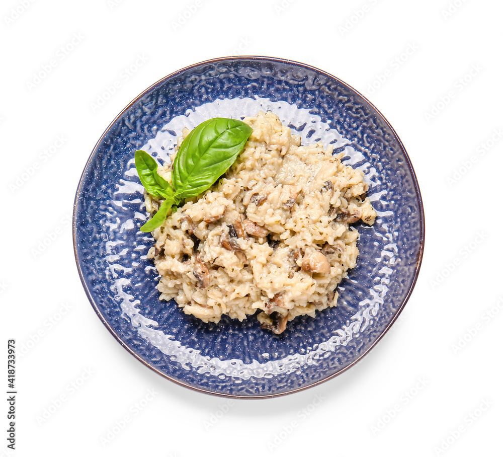 Plate with tasty risotto on white background Plate with tasty risotto on white background