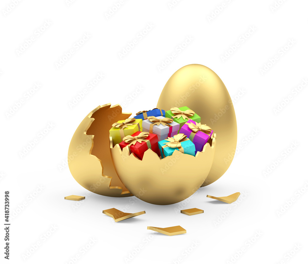 Colorful gift boxes in a golden broken egg next to a whole golden egg. 3D illustration Colorful gift boxes in a golden broken egg next to a whole golden egg. 3D illustration
