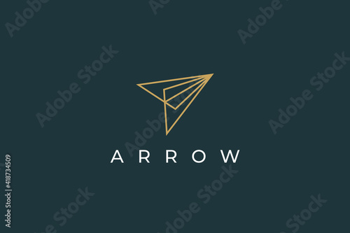 Arrow Up Logo. Gold Geometric Line Arrow Shape Paper Plane Icon isolated on Green Background. Usable for Business and Technology Logos. Flat Vector Logo Design Template Element.