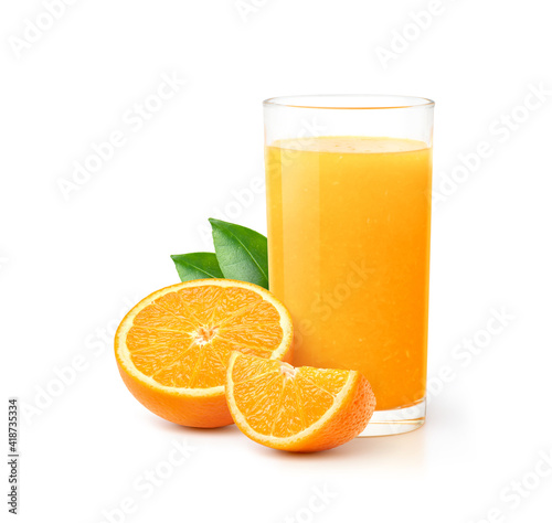 Bild auf Leinwand Glass of 100% Orange juice with orange sacs and slices fruits isolate on white background