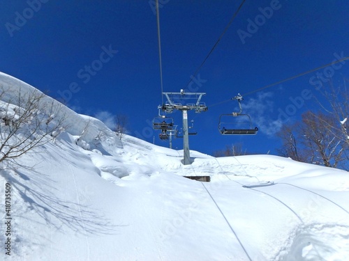 快晴のスキー場、最高のコンデションのゲレンデ、雪山です。