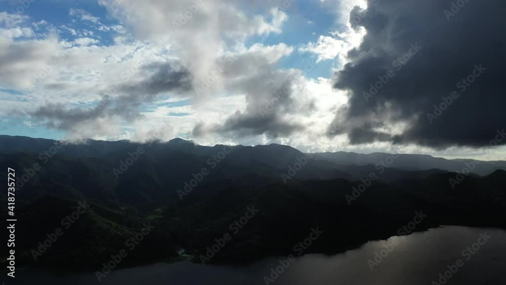 Aerial shot clouds over mountains Costa Rica Arenal lake landscape Aerial shot clouds over mountains Costa Rica Arenal lake landscape