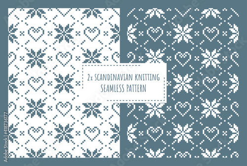Scandinavian knitting seamless pattern design. Nordic star with heart pattern in white and blue.