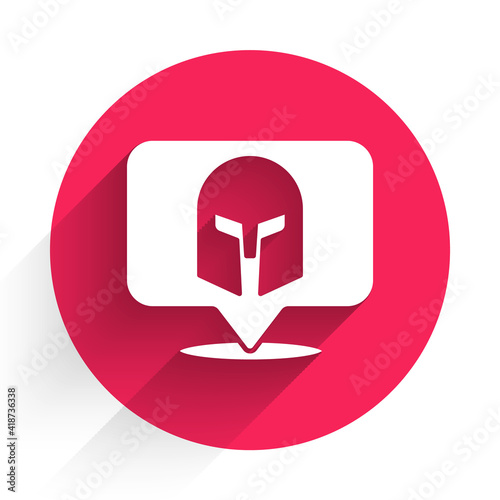 White Greek helmet icon isolated with long shadow. Antiques helmet for head protection soldiers with a crest of feathers or horsehair. Red circle button. Vector.