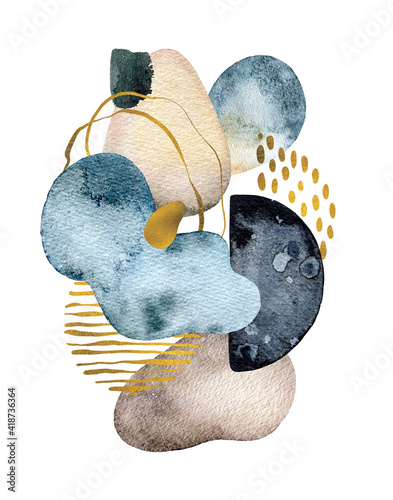 Watercolor abstract shapes composition with gold  and black elements