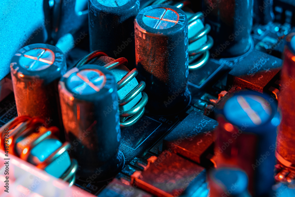 Electronic components on a printed circuit board. Resistor, inductor