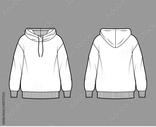 Hoody sweatshirt technical fashion illustration with long sleeves, oversized body, knit rib cuff, banded hem. Flat extra large apparel template front, back, white color style. Women, men CAD mockup