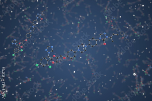 Itraconazole molecule. Ball-and-stick molecular model. Chemistry related 3d rendering