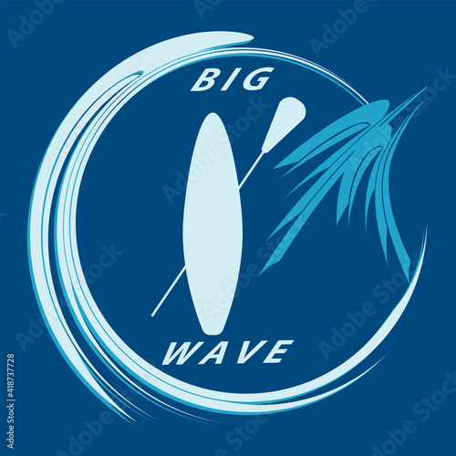 SUP Board, palm tree branch, big wave - vector. Summer rest. Travel banner.