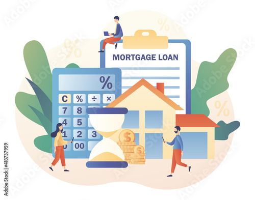 Mortgage loan. Tiny people buying home and pay credit to bank. Investment money in real estate property. House concept. Modern flat cartoon style. Vector illustration on white background