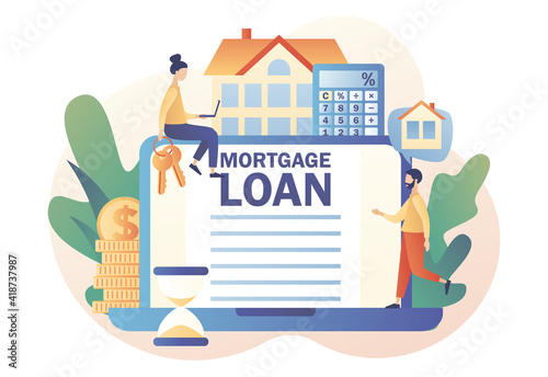 Mortgage loan online. Tiny people buying home and pay credit to bank use laptop. Investment money in real estate property. House concept. Modern flat cartoon style. Vector illustration 