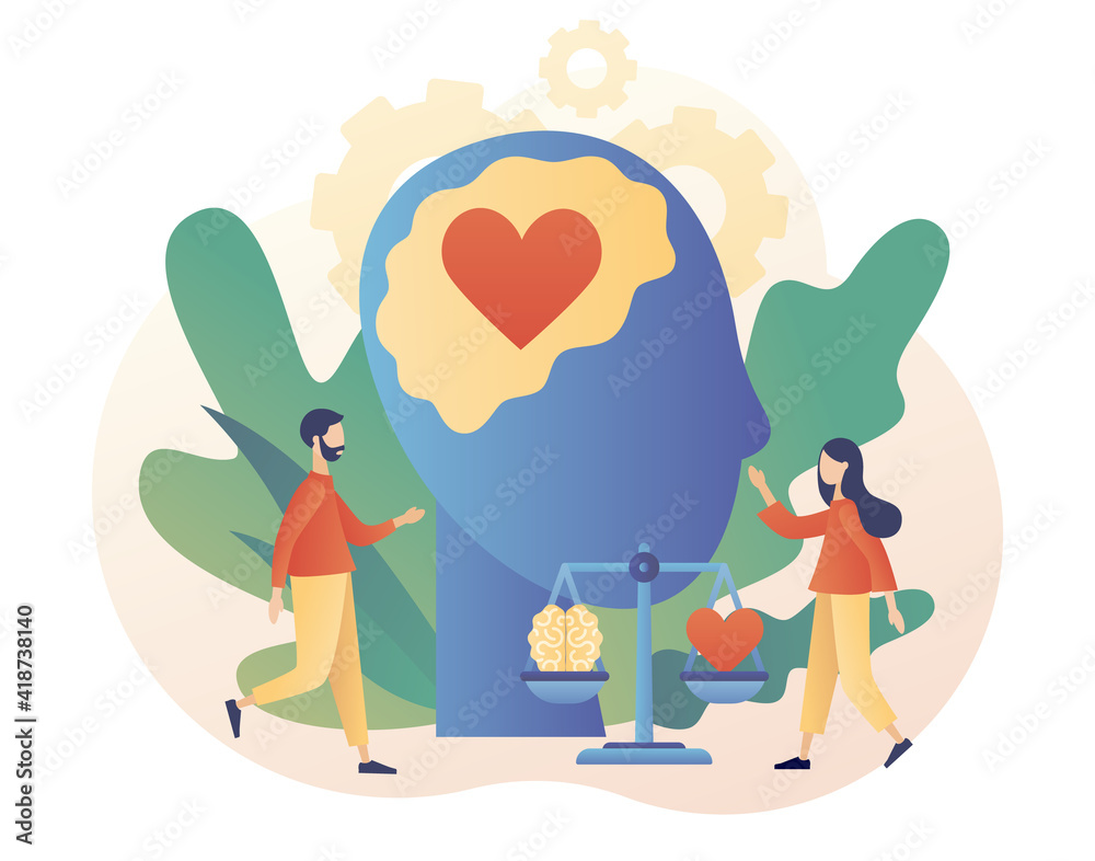 Emotional intelligence. Heart and brain on balanced scale symbol. Love, mind, logical. Tiny people exploring inner personality. Modern flat cartoon style. Vector illustration on white background