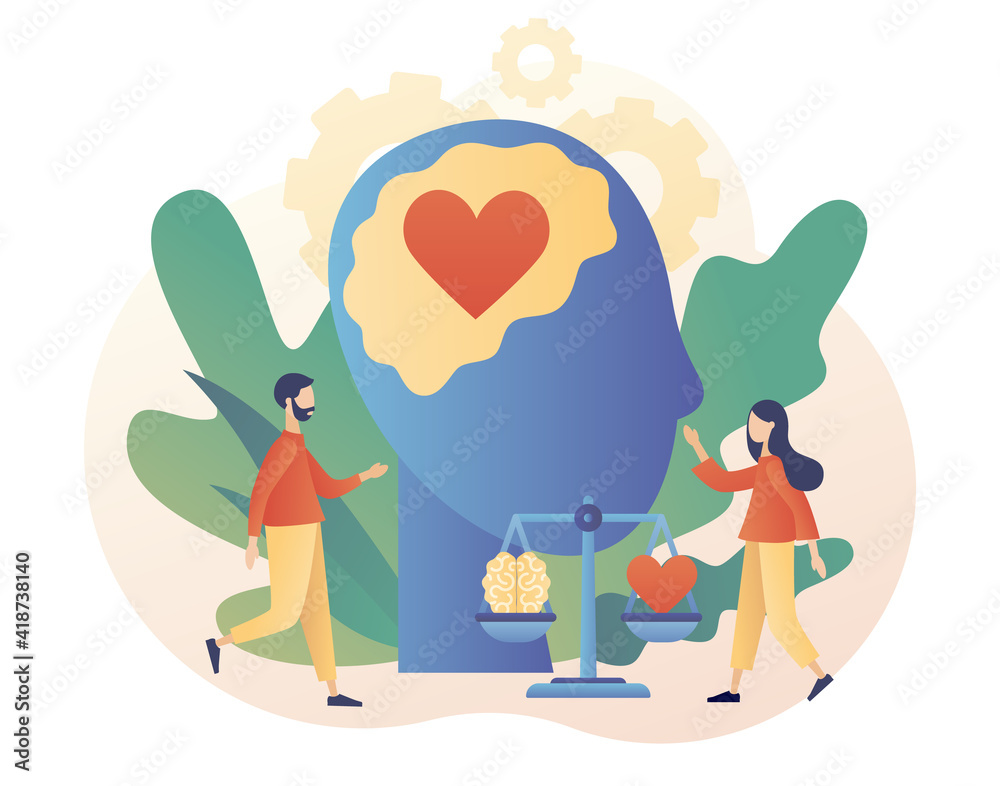 Emotional intelligence. Heart and brain on balanced scale symbol. Love, mind, logical. Tiny people exploring inner personality. Modern flat cartoon style. Vector illustration on white background Emotional intelligence. Heart and brain on balanced scale symbol. Love, mind, logical. Tiny people exploring inner personality. Modern flat cartoon style. Vector illustration on white background