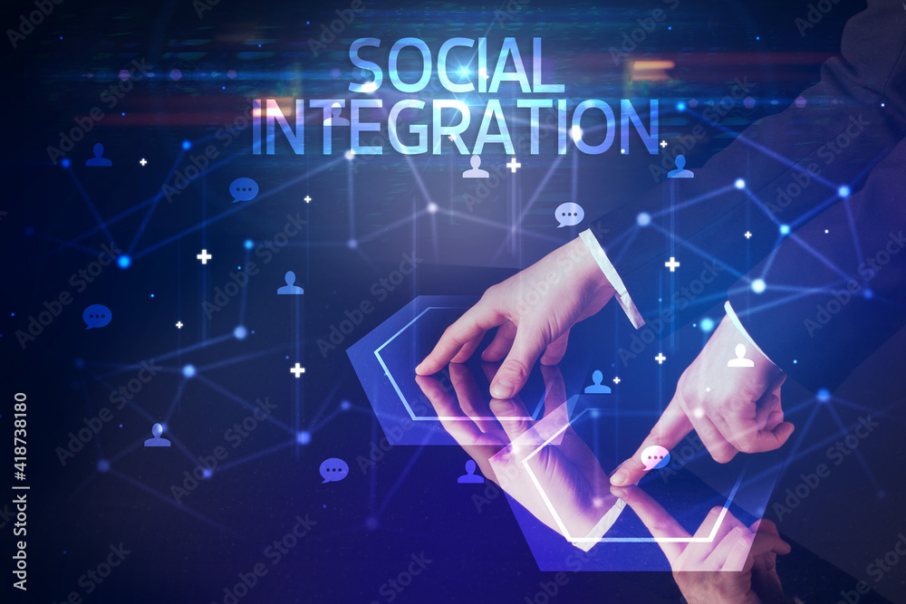 Navigating social networking with SOCIAL INTEGRATION inscription, new media concept Navigating social networking with SOCIAL INTEGRATION inscription, new media concept