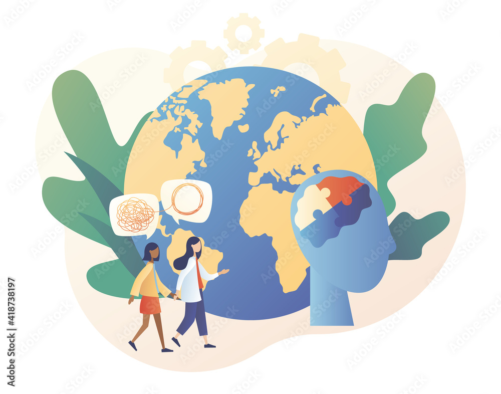 Psychology without borders. World mental health day. Tiny psychologist