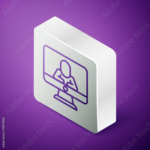 Isometric line Online psychological counseling distance icon isolated on purple background. Psychotherapy, psychological help, psychiatrist online consulting. Silver square button. Vector.