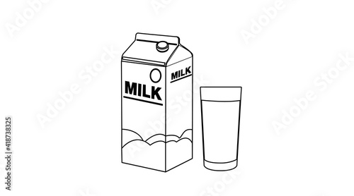 Vector Isolated Black and White Illustration of a Milk Box and a Glass of Milk