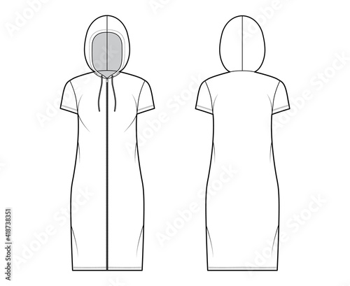 Zip-up Hoody dress technical fashion illustration with short sleeves, knee length, oversized body, Pencil fullness. Flat apparel template front, back, white color style. Women, men, unisex CAD mockup