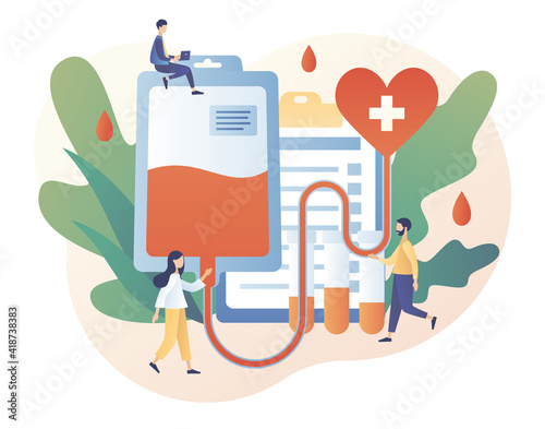 Blood donation concept. Blood test or analysis. Clinical laboratory examination. Tiny volunteers with nurses donating blood in hospital. Health care. Modern flat cartoon style. Vector illustration 