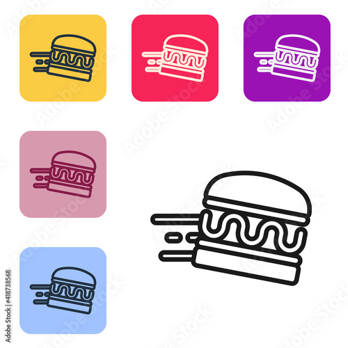 Black line Online ordering and burger delivery icon isolated on white background. Set icons in color square buttons. Vector.