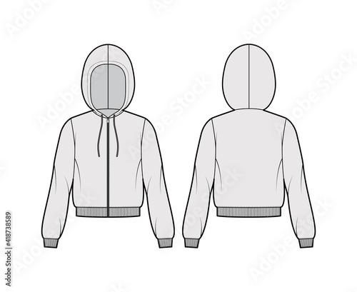 Zip-up Hoody sweatshirt technical fashion illustration with long sleeves, relax body, knit rib cuff, banded hem, drawstring. Flat apparel template front, back, grey color. Women, men unisex CAD mockup