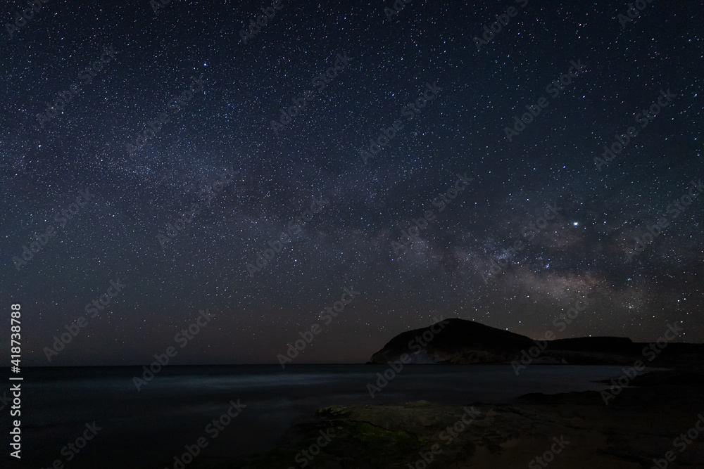Night landscape with milky way from Genoveses beach. Natural Park Cabo de Gata. Andalusia. Spain.