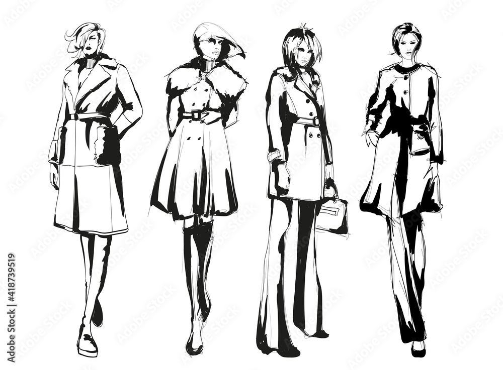 Beautiful young women in modern style.. Hand drawn stylish woman portrait. Fashion lady. Autumn outfit. Sketch set. Fashion model posing in coat. Hand drawn fashion woman.