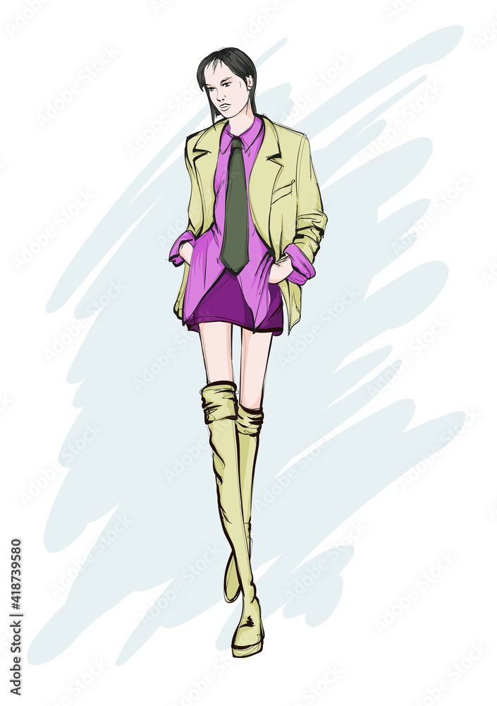 Young beautiful woman in summer clothes. Sale concept. Hand-drawn fashion illustration Young beautiful woman in summer clothes. Sale concept. Hand-drawn fashion illustration