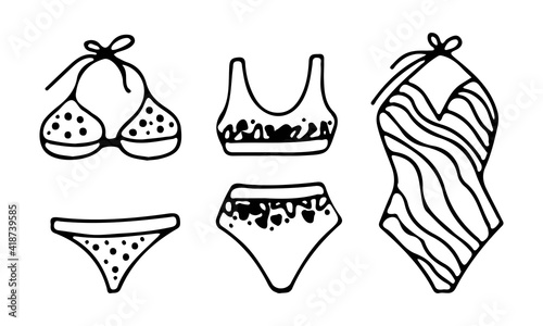 A set of three women's swimwear of different styles. Vector illustration hand drawn in outline style doodle. Summer illustration for design, print, postcard, poster, sticker.