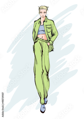 Young beautiful woman in summer clothes. Sale concept. Hand-drawn fashion illustration