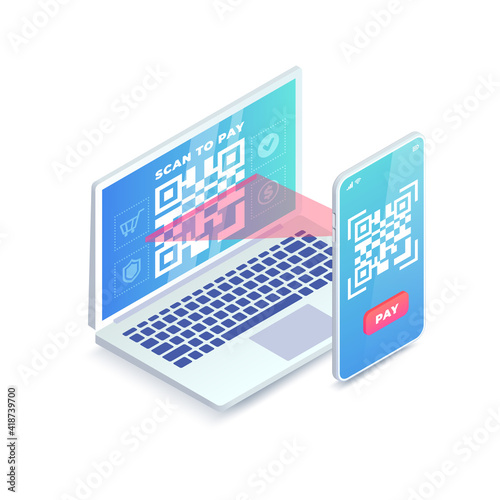 Website payment solution isometric concept. 3d Smartphone scanning barcode on laptop screen isolated. QR code payment on website, Online QR pay vector. Digital internet payment illustration