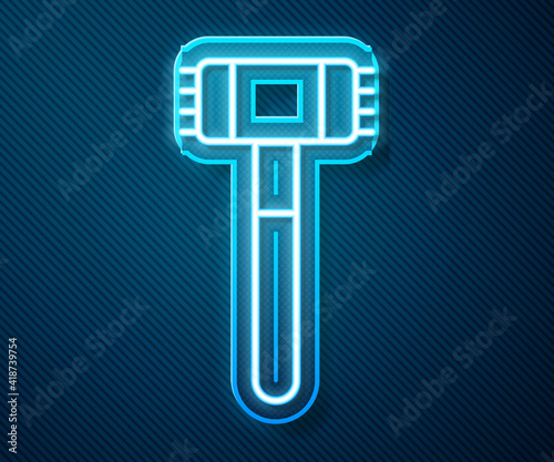 Glowing neon line Kitchen hammer icon isolated on blue background. Meat hammer. Vector.