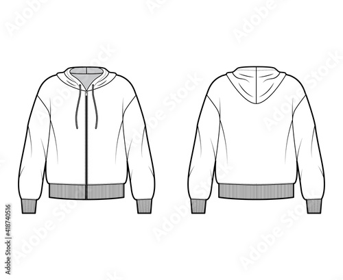 Zip-up Hoody sweatshirt technical fashion illustration with long sleeves, oversized body, knit rib cuff, banded hem. Flat large apparel template front, back, white color. Women, men, unisex CAD mockup