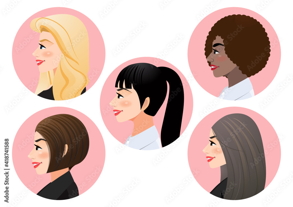 Set of business women faces in profile for pose side view character, Diversity. Avatars. Vector flat Illustration Set of business women faces in profile for pose side view character, Diversity. Avatars. Vector flat Illustration