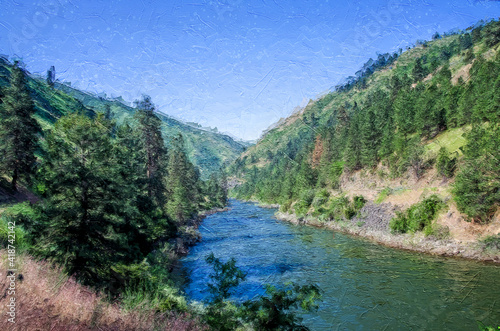 Fototapeta Naklejka Na Ścianę i Meble -  Impressionistic Style Artwork of Early Dawn Breaking in the River Canyon