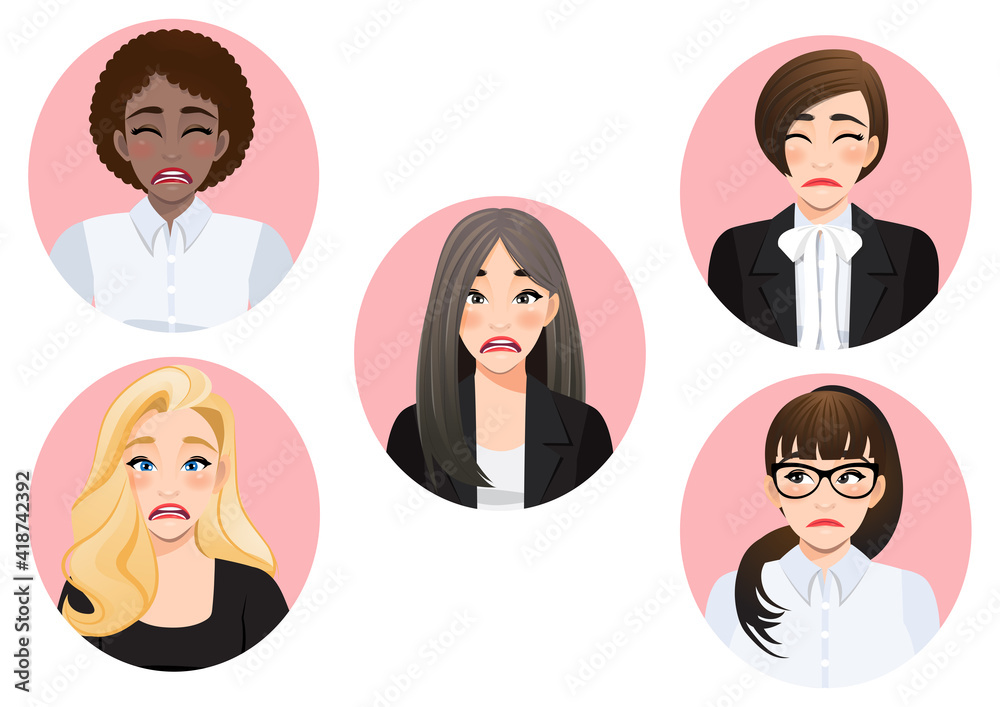 Set of sad mood diverse business women vector Set of sad mood diverse business women vector