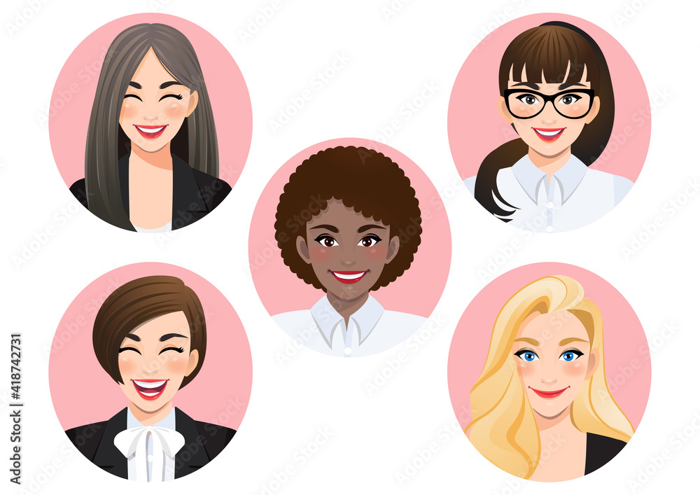 Set of smiling diverse business women vector Set of smiling diverse business women vector