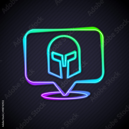 Glowing neon line Greek helmet icon isolated on black background. Antiques helmet for head protection soldiers with a crest of feathers or horsehair. Vector.
