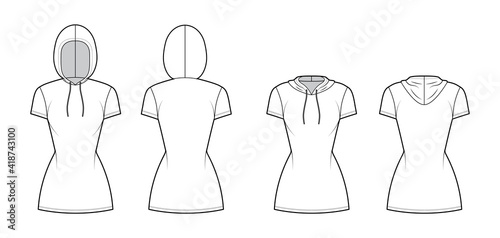 Set of Zip-up Hoody dresses technical fashion illustration with short sleeves, mini length, fitted body, Pencil fullness. Flat apparel template front, back, white color. Women, men, unisex CAD mockup