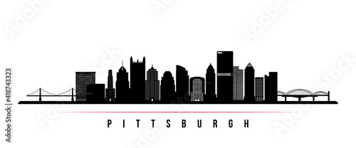 Pittsburgh skyline horizontal banner. Black and white silhouette of Pittsburgh, Pennsylvania. Vector template for your design.