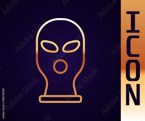 Gold line Balaclava icon isolated on black background. A piece of clothing for winter sports or a mask for a criminal or a thief. Vector.
