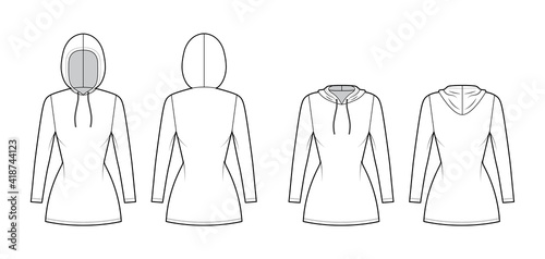 Set of Hoody dresses technical fashion illustration with long sleeves, mini length, fitted body, Pencil fullness. Flat apparel template front, back, white color style. Women, men, unisex CAD mockup
