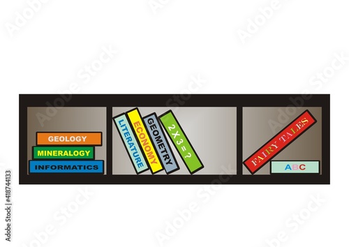 Bookcase, group of books on the shelf, vector illustration