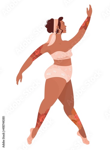 Young adult woman dressed in lingerie. Isolated character on white background. Happy plus size model. Body positive. Love your body. Trendy hand-drawn vector cartoon flat illustration.