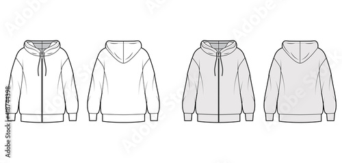 Zip-up Hoody sweatshirt technical fashion illustration with long sleeves, oversized body, banded hem, drawstring. Flat apparel template front, back, white, grey color style. Women, men, unisex mockup