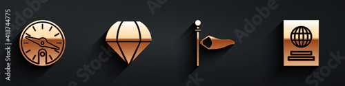 Set Compass, Parachute, Cone meteorology windsock wind vane and Passport icon with long shadow. Vector.