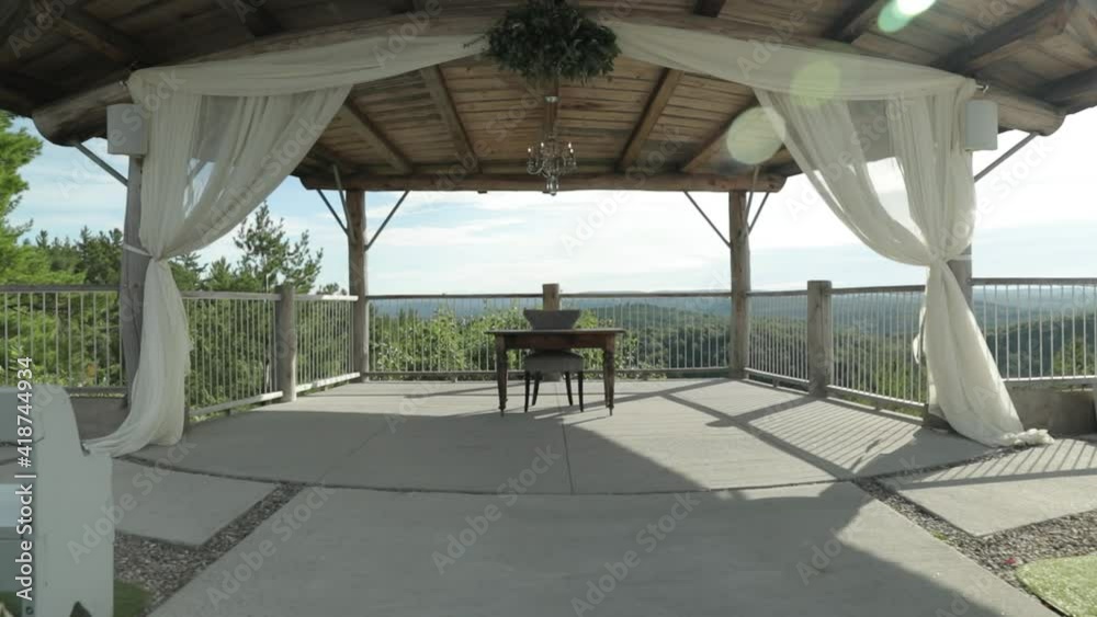 Gorgeous outdoor wedding altar overlooking the Gatineau Hills at Le Belvédère events center in Wakefield, Quebec. Gorgeous outdoor wedding altar overlooking the Gatineau Hills at Le Belvédère events center in Wakefield, Quebec.