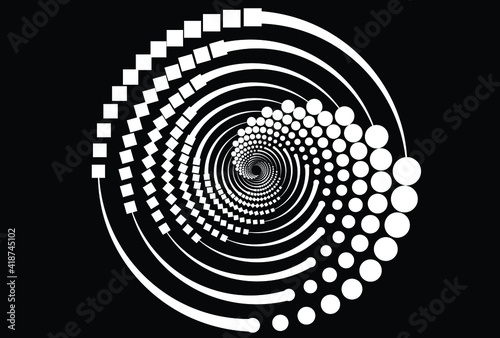 Dotted, dots, speckles abstract concentric circle. Spiral, swirl, twirl element.Circular and radial lines volute, helix.Segmented circle with rotation.Radiating arc lines.Cochlear