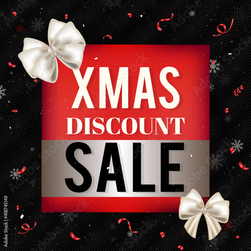 Red Christmas sale banner with white silky bows, confetti and snowflakes on black background